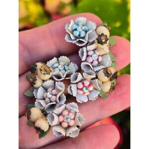 Vintage Clip On Hand Painted Enamel Petal Floral Beaded Cluster Climber Earrings